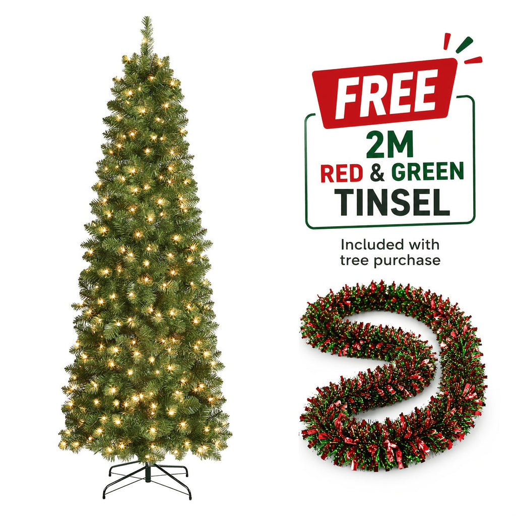 Pre-Lit Slim Pencil Christmas Tree – Artificial Hinged Xmas Tree with Warm White Lights Full Branch Tips Stable Metal Stand Easy Assembly in 4FT to 9FT + Bonus Tinsel Garland