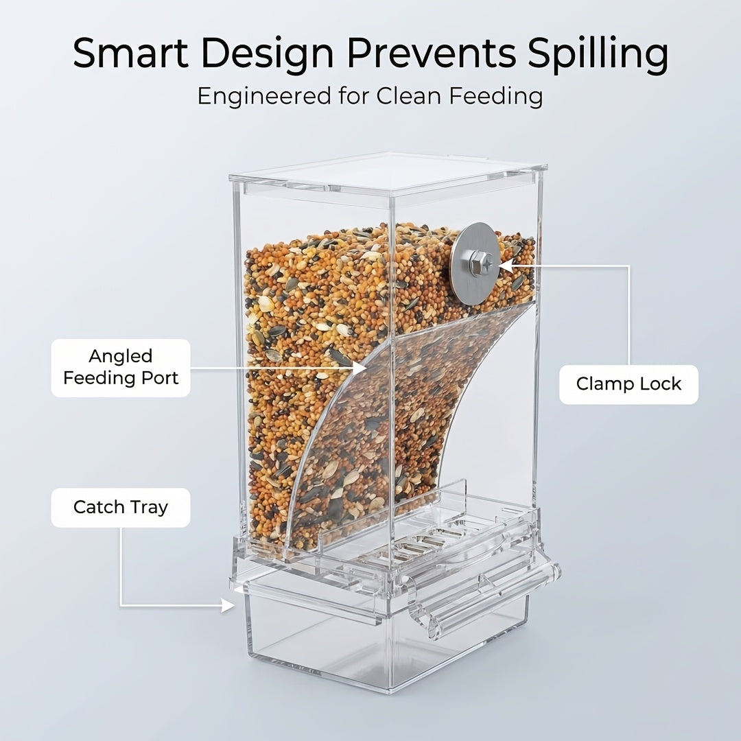 Transparent Acrylic Automatic Bird Feeder - Spill-Proof Bird Food Dispenser for Cage & Outdoor Use - Easy Clean Seed Feeder for All Birds, Parrots, Parakeets, and Wild Birds - No Battery Required