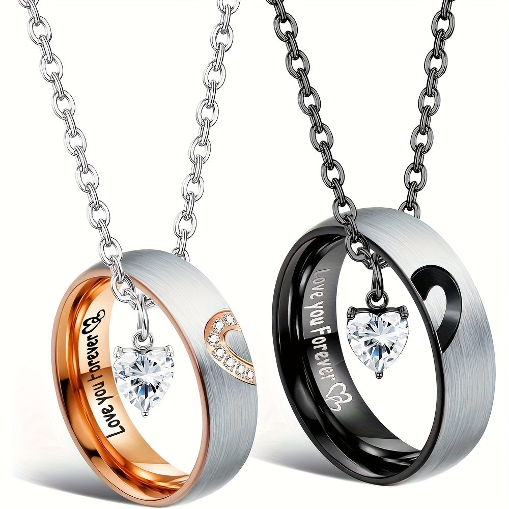 Matching Couples Necklace and Promise Ring Set, Romantic Pendant for Him and Her, Anniversary Valentine's Day Gift, "I Love You" in 100 Languages, Vintage Jewelry