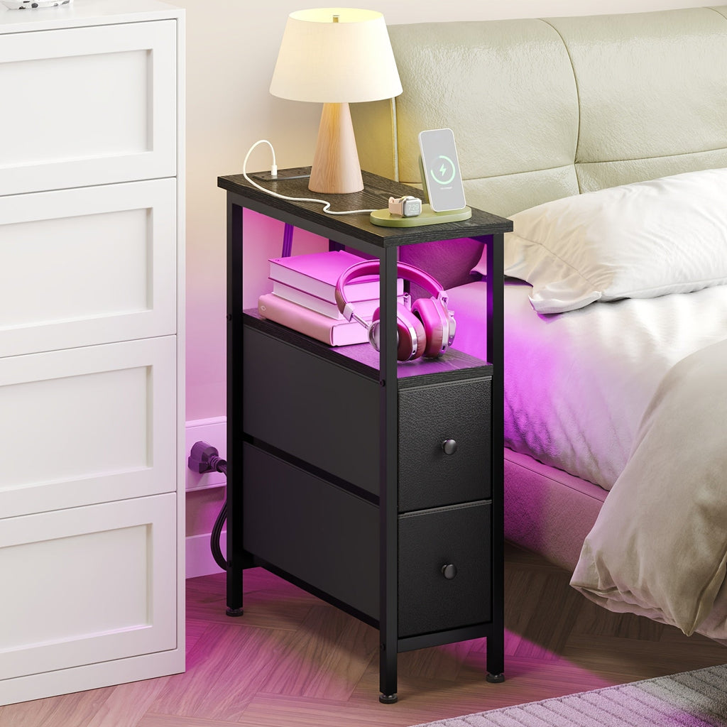 TOMNK Narrow End Table with Charging Station 2 Fabric Drawers Slim Nightstand & Skinny Side Table for Bedroom Living Room Small Spaces & Couch – Black or Brown