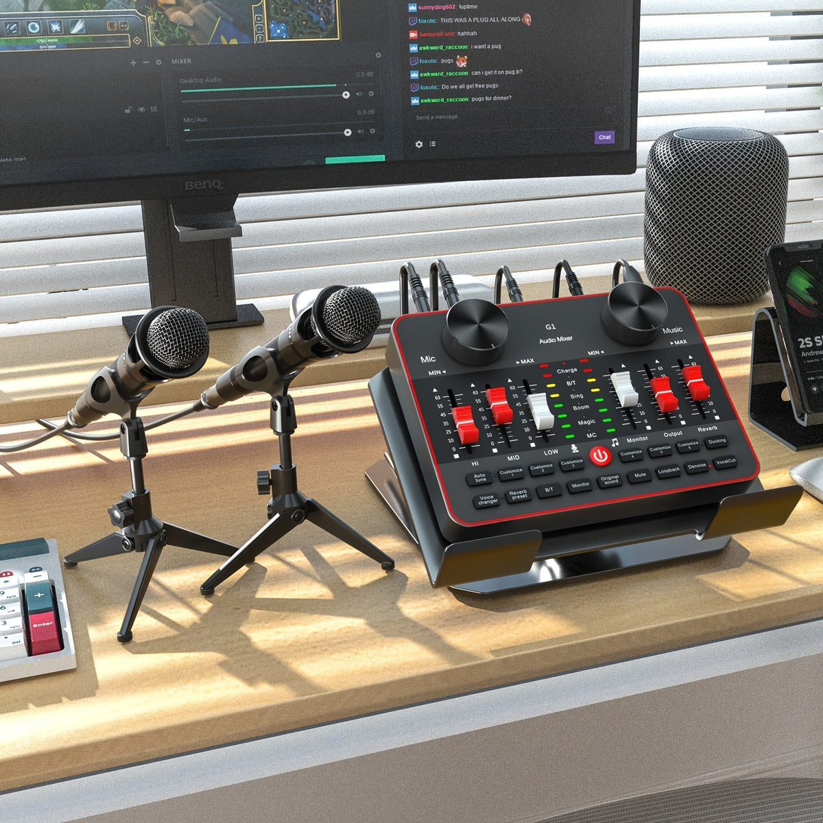 Podcast Equipment Bundle with Audio Interface - 2 BM-800 Condenser Microphones, DJ Mixer, Live Sound Card, Complete Home Recording Studio Kit for Streaming, Gaming, Singing, YouTube, and Twitch