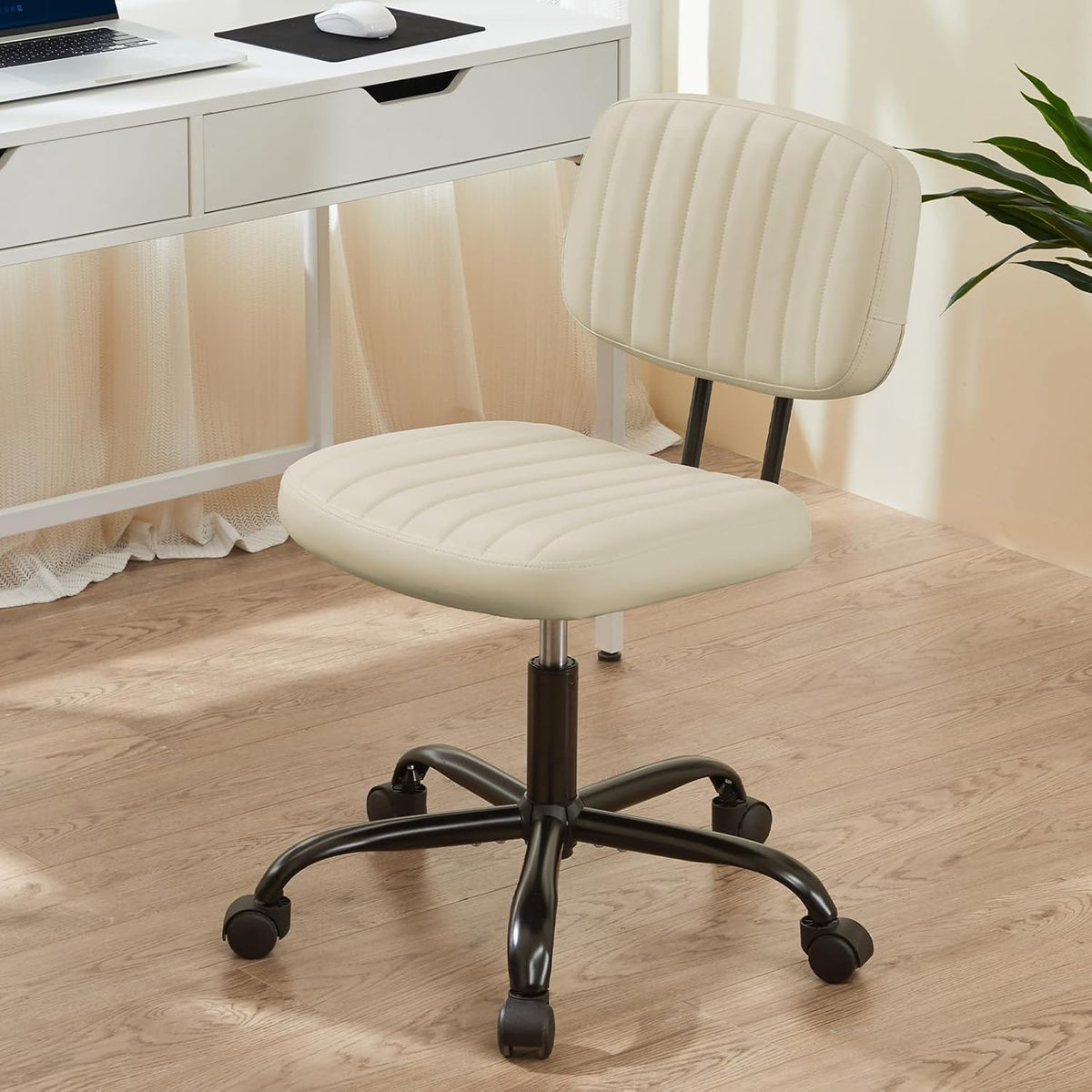 Armless Desk Chair PU Leather with Lumbar Support – Height Adjustable Rolling Swivel Task Chair for Home Office Bedroom Vanity Students Adults