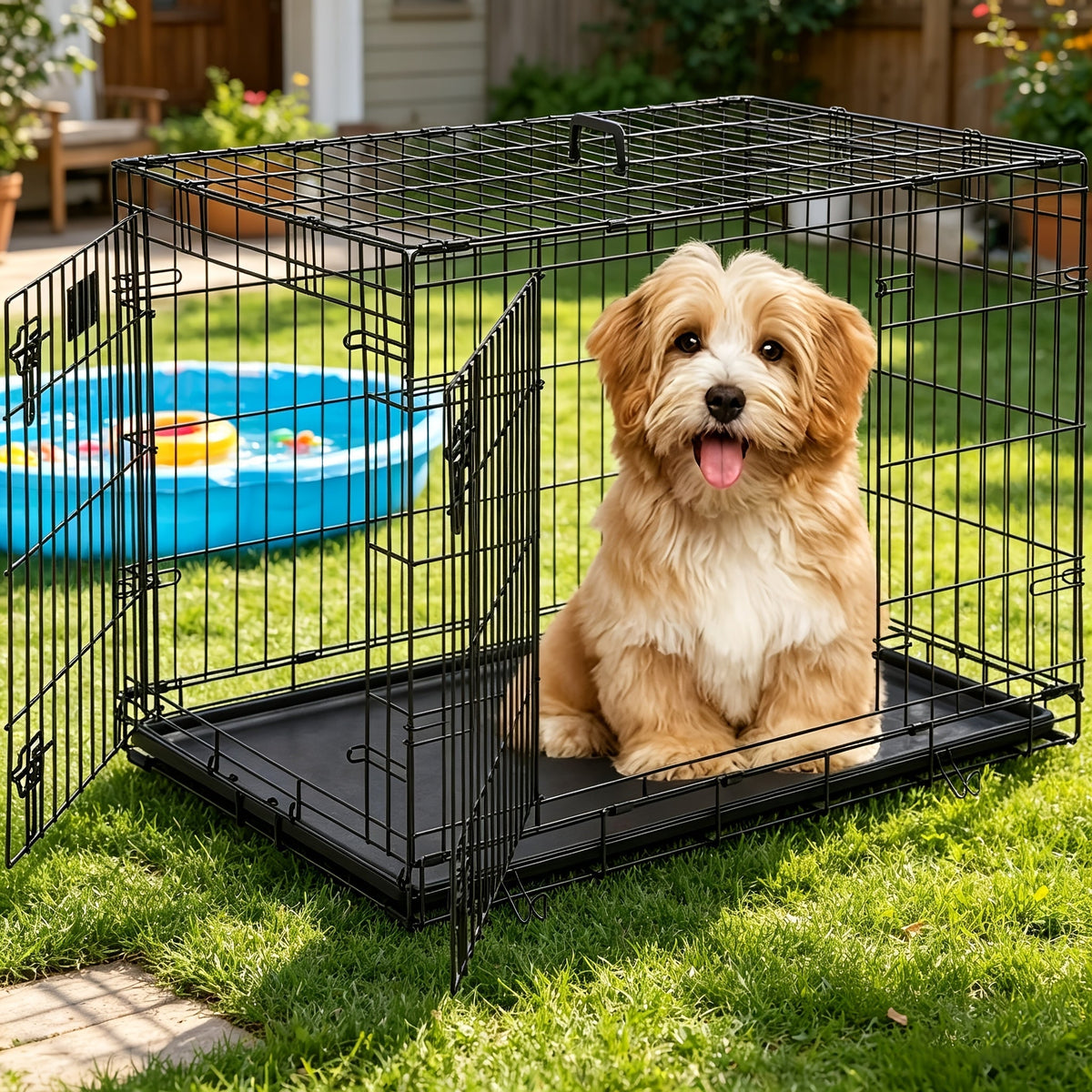 Foldable Metal Wire Dog Crate for Small Dogs & Rabbits – Adjustable Divider Panel, Leak-Proof Plastic Pan, Indoor Outdoor Pet Kennel for Chihuahuas, Toy Breeds, and Small Animals, Multiple Sizes