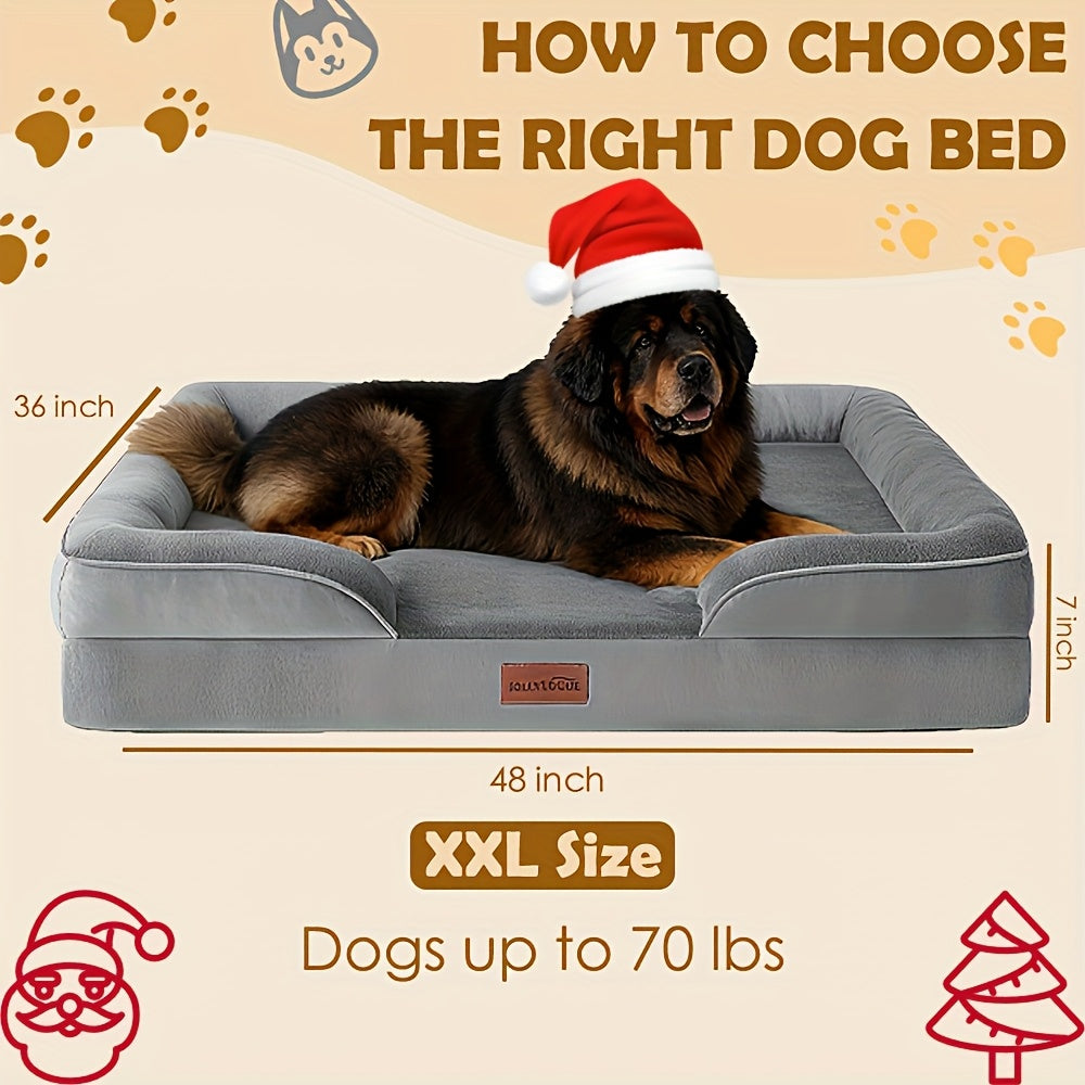 Extra Large Dog Sofa Bed, 100% Supportive Foam, 4-Sided Bolster, Removable Washable Cover, Non-Skid Bottom, Joint Support, Soft Warm Pet Couch Bed, Grey, M/L/XL/XXL, All Breeds