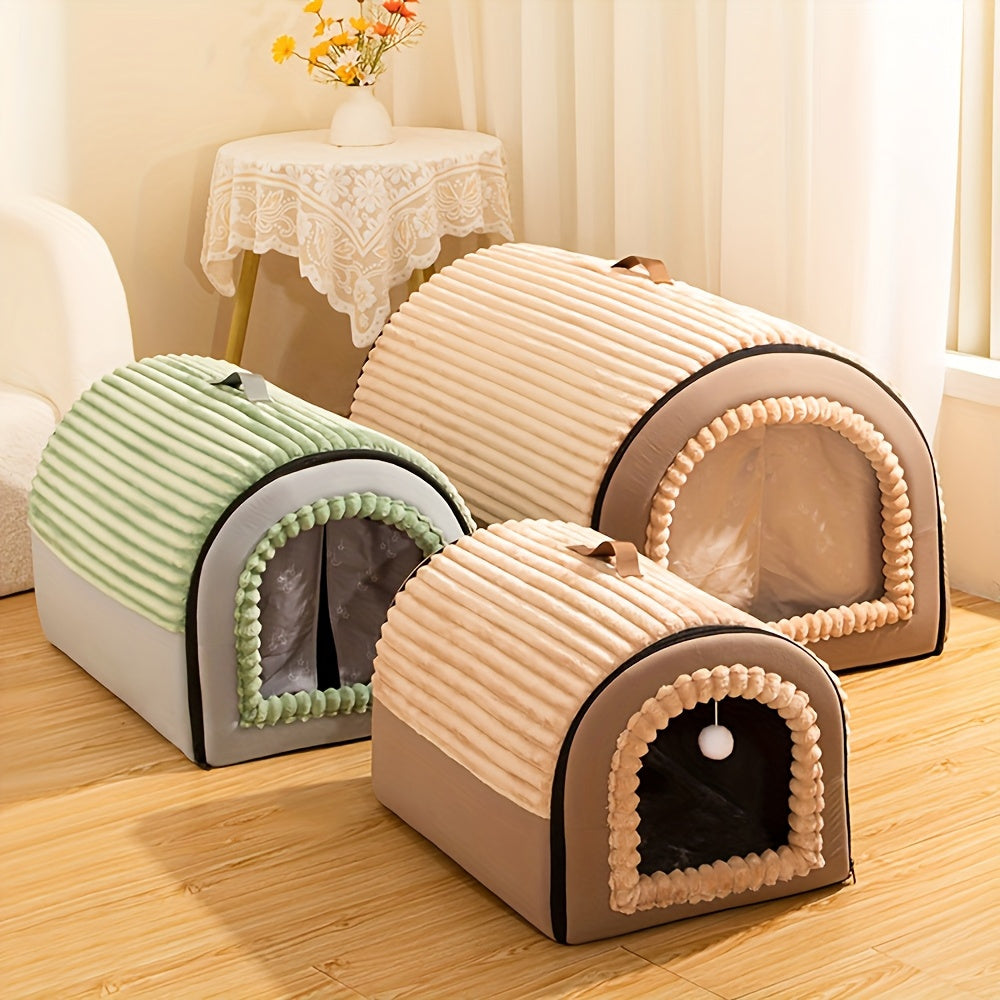 Foldable 2-in-1 All-Season Cave Dog Bed – Fully Enclosed Covered Pet House with Handle, Soft Fluffy Non-Slip Washable Nest for Large, Medium & Small Dogs and Cats – Free Drool Bib – Velora