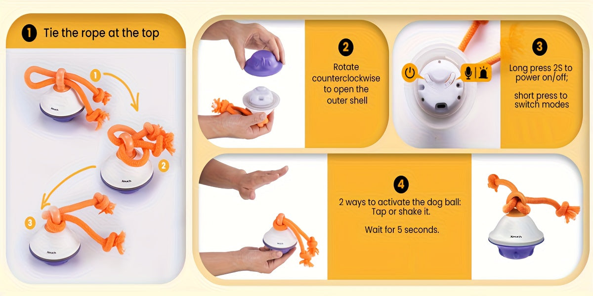Automatic Moving Rolling Dog Ball Toy with Rope, Motion Activated, Voice Recording, USB Rechargeable, Interactive Stimulation Toy for Small/Medium Dogs, Boredom Relief (Gray/White)