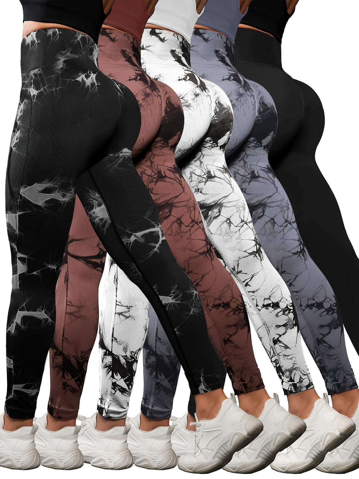 5-Pack Women's High-Waisted Tummy Control Leggings – Soft Stretchy Athletic Pants for Yoga, Running & Workout, Sizes S-L, 3 Multicolor Sets