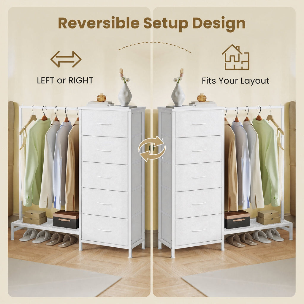 Freestanding Wardrobe Dresser with Hanging Rod, 5 Fabric Drawers & Shoe Shelf – 3-in-1 Closet Organizer, Reversible Layout, Steel Frame, Anti-Tip Kit, 37.9” x 11.8” x 46.3”, White – Nova Mart