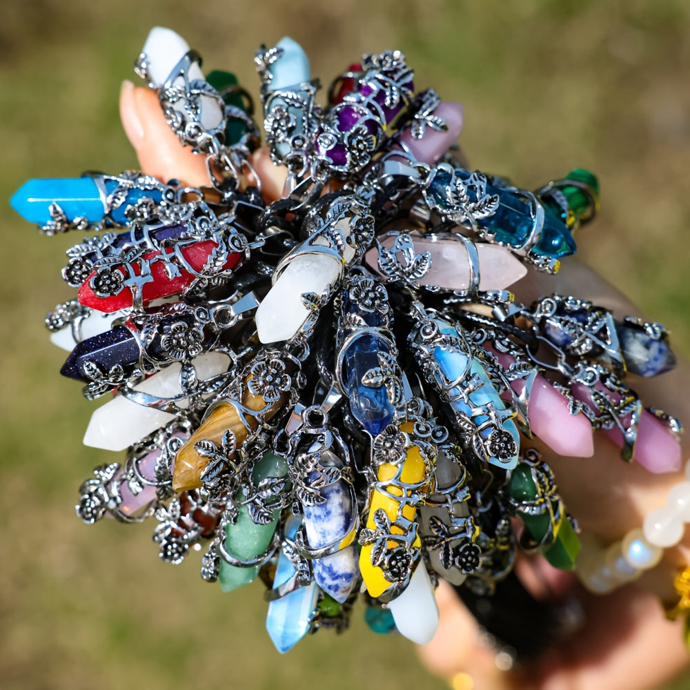 20pcs Natural Stone Hexagon Prism Pendant Necklace DIY Kit, including 10 Wrapped Flower Pendants and 10 Faux Leather Ropes, Boho Handmade Jewelry Casual Accessories Gift