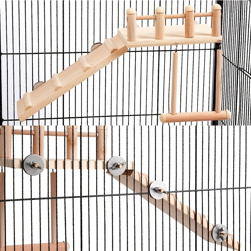 Wood Bird Perch Swing with Climbing Ladder - Multi-Level Radiata Pine Cage Gym Platform for Parrots, Lovebirds, Cockatiels, Chinchillas, and Hamsters - Bird Play Stand, Ladder, Swing, and Cage Accessory