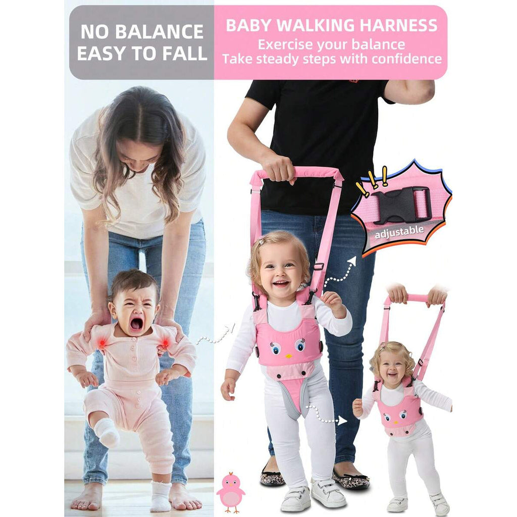 Handheld Infant Walking Support Belt, Toddler Walker Aid with Penguin Print for Ages 6-36 Months, One-Size Walking Assistance Belt for Baby Boys & Girls, Pink Blue & Grey