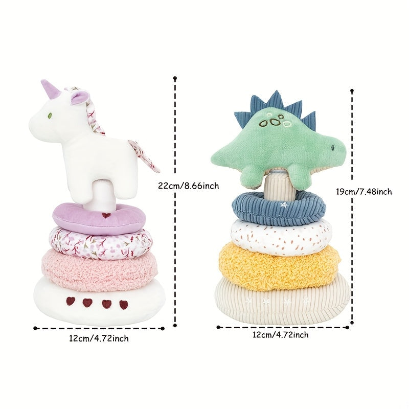 Baby Stacking Plush Ring Toy, Soft Textured Stuffed Stacking Blocks for Infants, Stroller & Crib Travel Toy for Baby Boys & Girls, Unicorn & Stegosaur Stacker Set