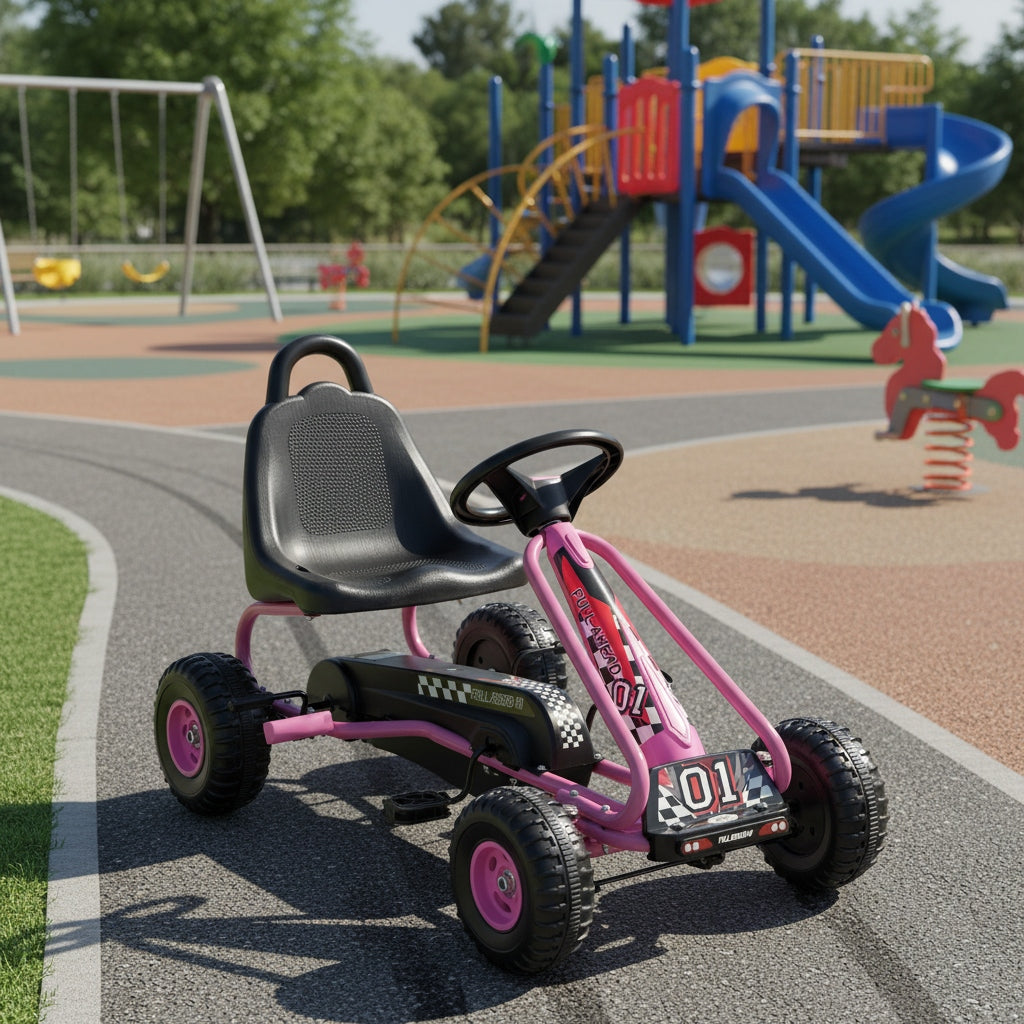 Pedal Go Kart for Kids Ages 3-6, 4-Wheel Pedal Powered Ride On Car with Adjustable Seat, Handbrake, Non-Slip Wheels, Outdoor Racing Go Kart for Boys and Girls - Blue, Green, Red, Pink