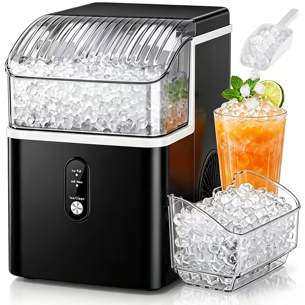 Countertop Nugget Ice Maker 35Lbs/Day 2025 Upgraded, Self-Cleaning Pebble Ice Maker with Stainless Steel Housing, One-Click Operation & Water Reservoir, Soft Chewable Pellet Ice for Home & Kitchen, Black Gray Steel