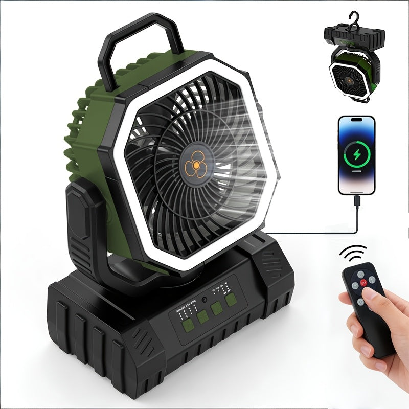 20000mAh Camping Fan with Remote Control, LED Light, Oscillating, 4 Speeds, Timer, and Power Bank - Rechargeable Tent Fan for Camping, Picnic, BBQ, Fishing, and Outdoor Use
