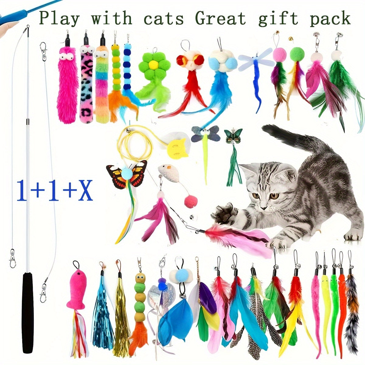 Interactive Cat Wand Toy Set: Retractable Rod with Assorted Feather Replacement Heads for Indoor Cat Exercise and Play (No Batteries Required). Available in sets of 5, 10, 15, 20, or 25 heads.