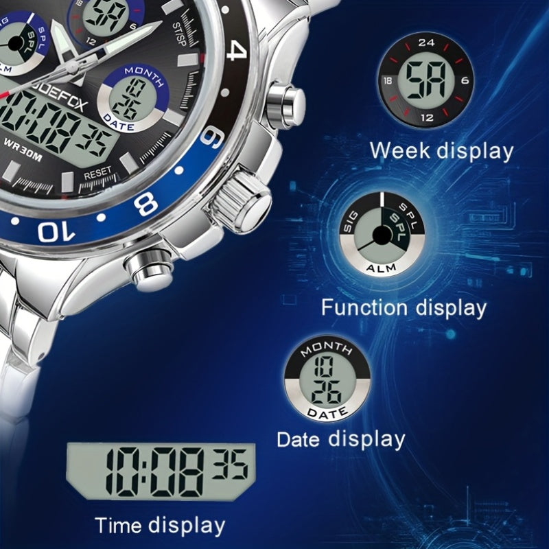 Men's Vintage Business Chronograph Watch with Steel Band – Dual Movement Waterproof Wristwatch with Band Adjustment Tool, Father's Day Birthday Gift for Men