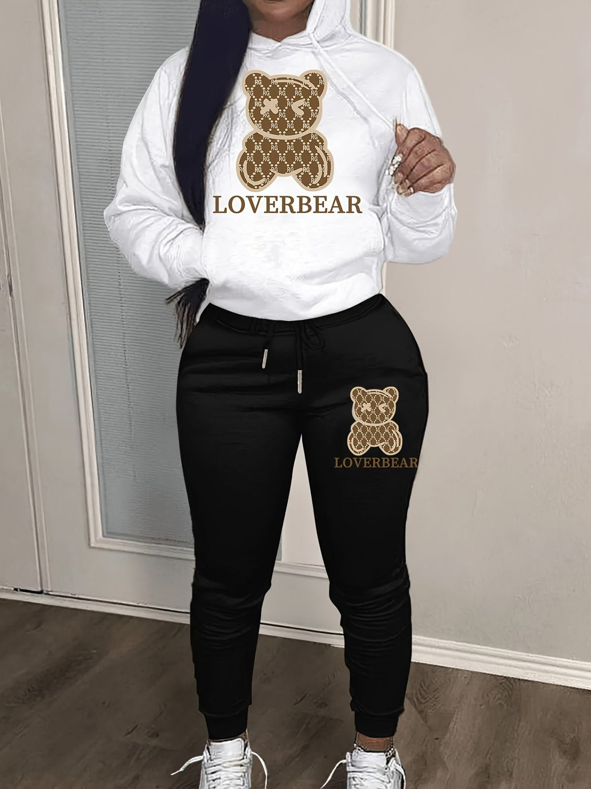 Cartoon Bear Print Two-piece Set Hoodie & Jogger Pants Women's Tracksuit Drawstring Long Sleeve Sweatsuit Outfit S-XXL Multiple Colors