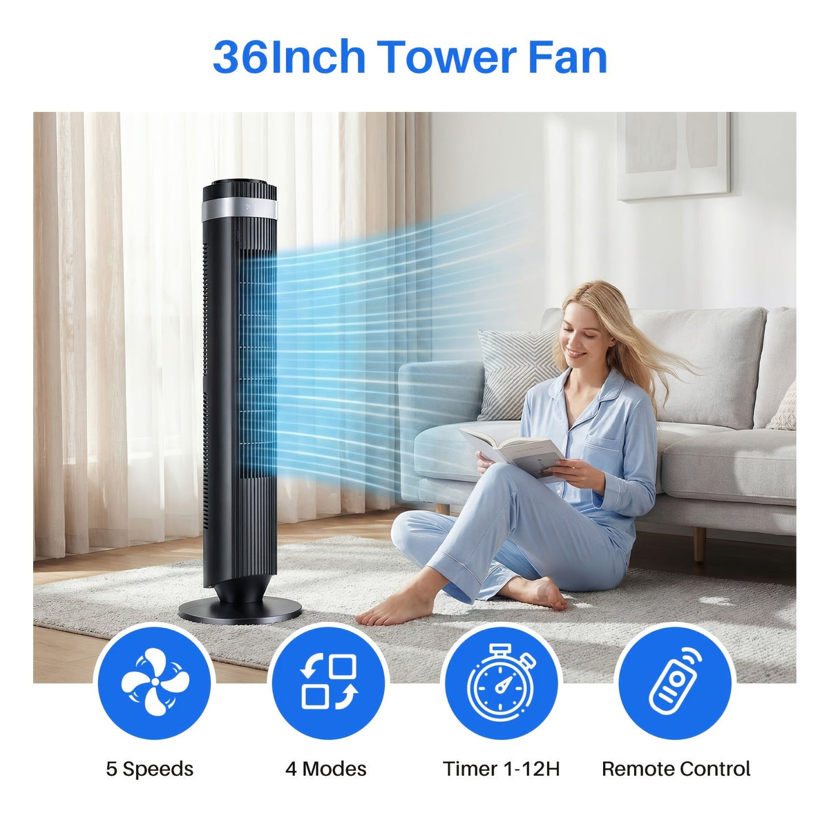 36-Inch Bladeless Tower Fan with Remote Control 5 Speed Settings 4 Modes Ultra Quiet 28dB 12H Timer Oscillating Portable Floor Fan for Home Bedroom & Office – Black or White