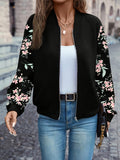 Women's Floral Print Zip-Up Baseball Collar Long Sleeve Lightweight Casual Jacket, Black, S-XXL