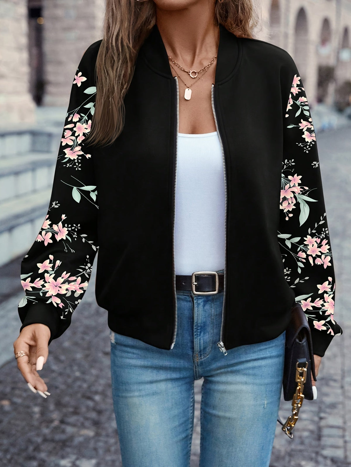 Women's Floral Print Zip-Up Baseball Collar Long Sleeve Lightweight Casual Jacket, Black, S-XXL