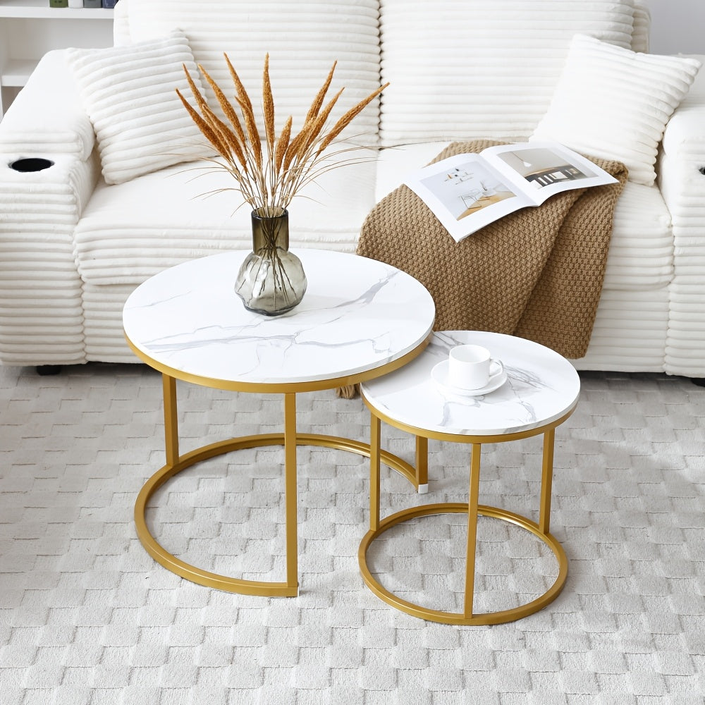 Nesting Coffee Table Set of 2 – Modern Faux Marble Round Tables with Gold Frame Space-Saving Living Room Furniture in White Gray Black Walnut