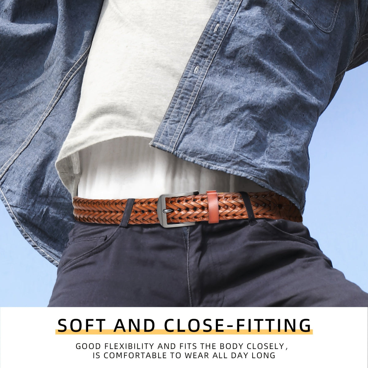Men's Leather Braided Belt – Woven Hollow Design with Gold Zinc Alloy Buckle, Casual Dress Belt for Golf Pants, Jeans, and Everyday Wear, Sizes 34" to 50", Great Gift for Dad