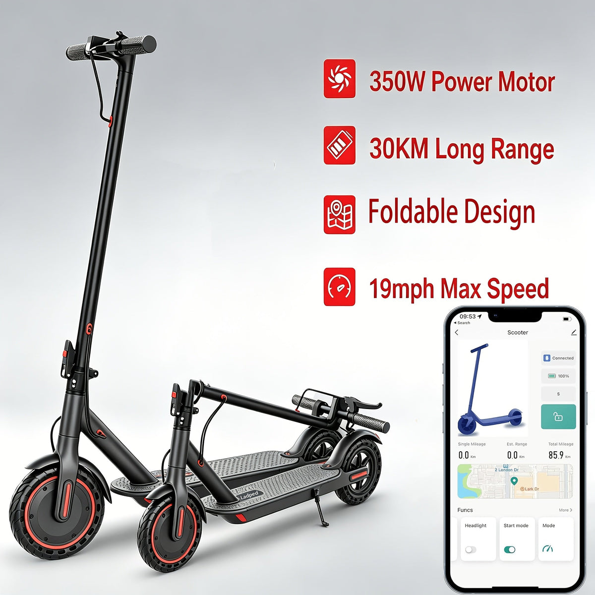 Electric Scooter for Adults, 350W/500W Motor Foldable E-Scooter, 19MPH Top Speed, 19-Mile Long Range, Anti-Skid Solid Tires, LCD Display, Dual Brake Commuting Scooter with LED Lights and Adjustable Speed
