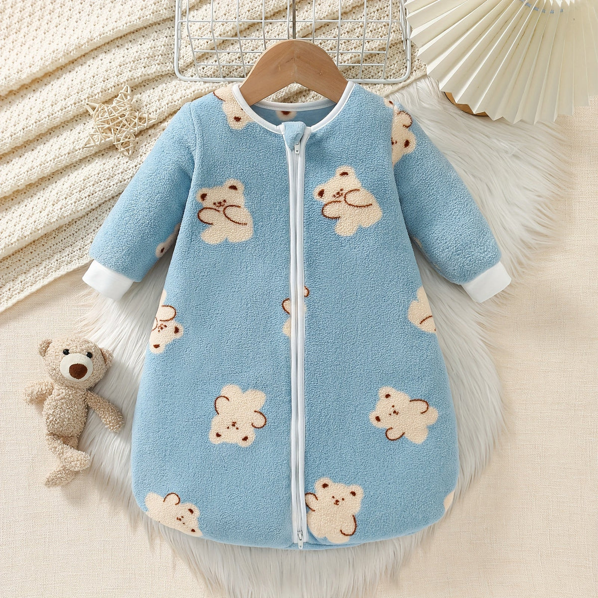 Baby Fleece Sleep Sack, Cute Blue Bear Snowflake Long Sleeve Wearable Blanket with Double-Way Hidden Zipper, Anti-Kick Soft Warm Baby Sleeping Bag for Autumn & Winter, Sizes 0-18 Months