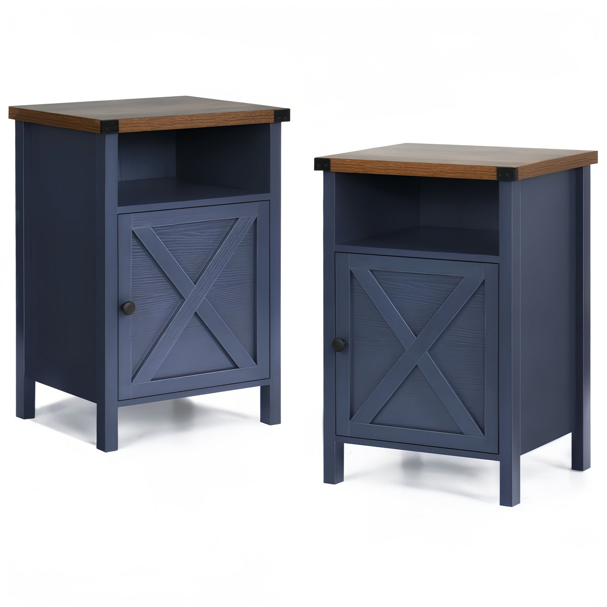Farmhouse Nightstand with Barn Door and Shelf 23.7x15.8 Inch Rustic Modern Bedside End Table Narrow Entryway Table for Bedroom Living Room Navy Blue Grey White Oak Black 1 or 2 Pack