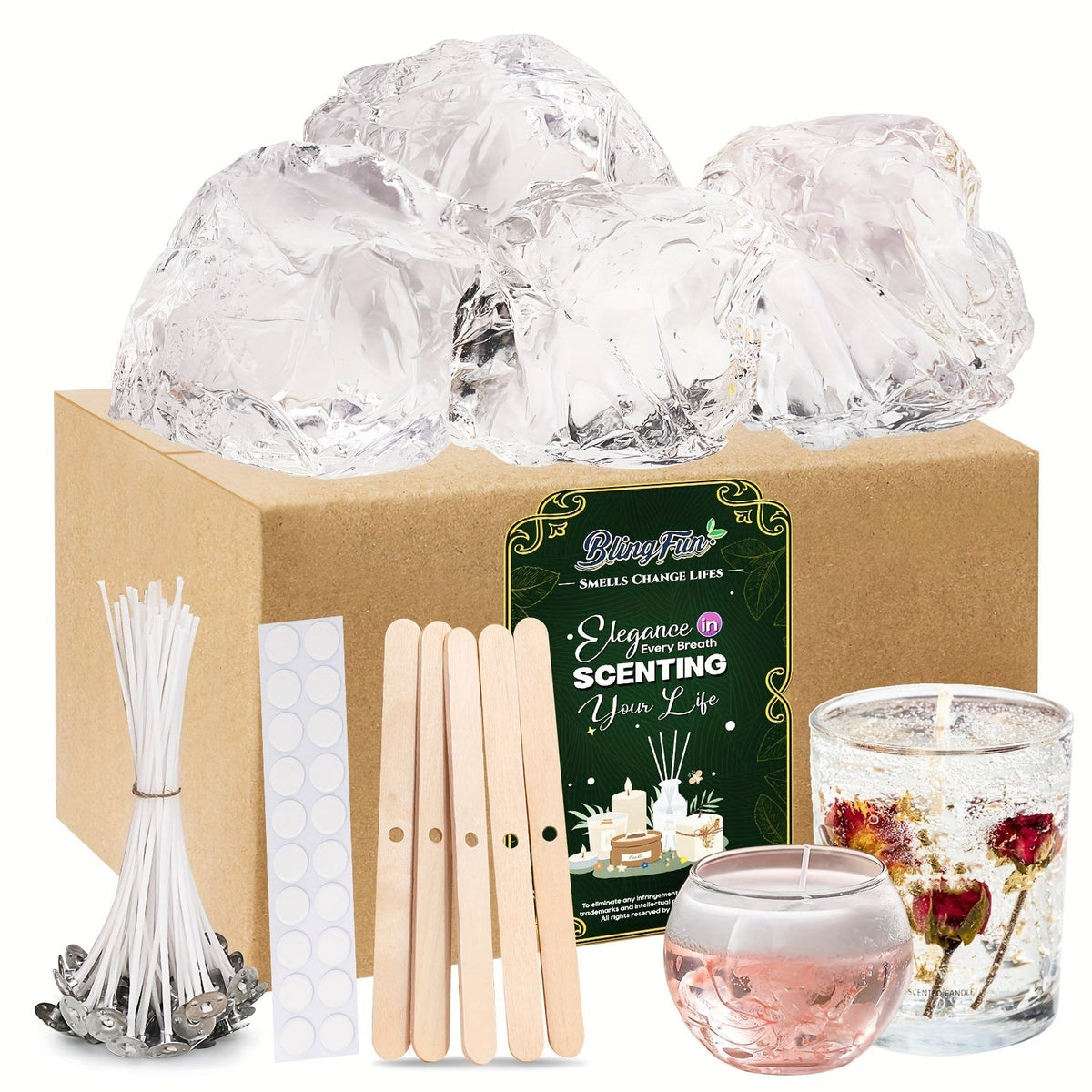 BlingFun Gel Candle Making Kit 400g Clear Jelly Wax, 4 Colors, 20pcs Wicks, 20pcs Stickers, 5pcs Wick Holders, DIY Scented Candle Kit for Home Decor, Craft Projects, and Beginner Candle Supplies