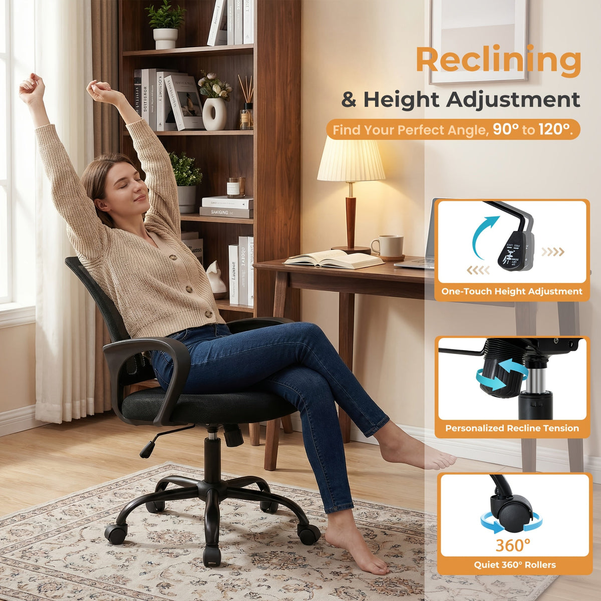 Ergonomic Mid-Back Office Chair - Lumbar Support, Rocking Mode, Height Adjustable, Fixed Armrests, 360° Swivel - Home, Gaming & Conference - Black, Pink, Gray & Red