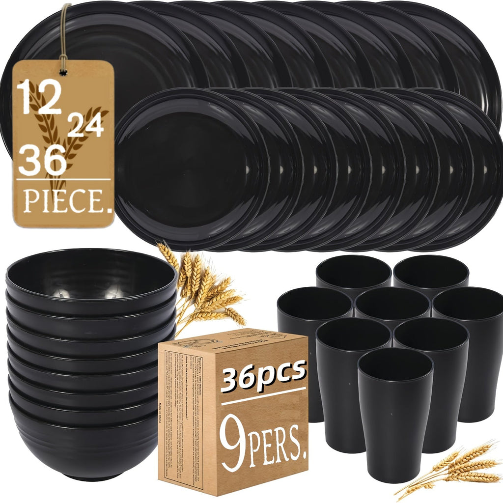 Wheat Straw Dinnerware Set – Reusable Eco-Friendly Plates, Bowls & Cups, Dishwasher & Microwave Safe, Unbreakable, 12/24/36 Piece Sets for Camping, Parties, Outdoor & Everyday Use