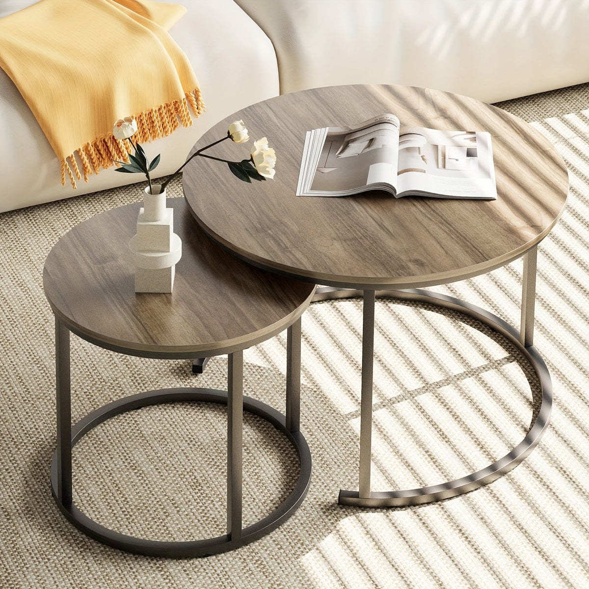Round Nesting Side Table Set of 2 – Faux Marble & Wood Top with Metal Frame Modern Accent Tables for Living Room Bedroom in 6 Color Options
