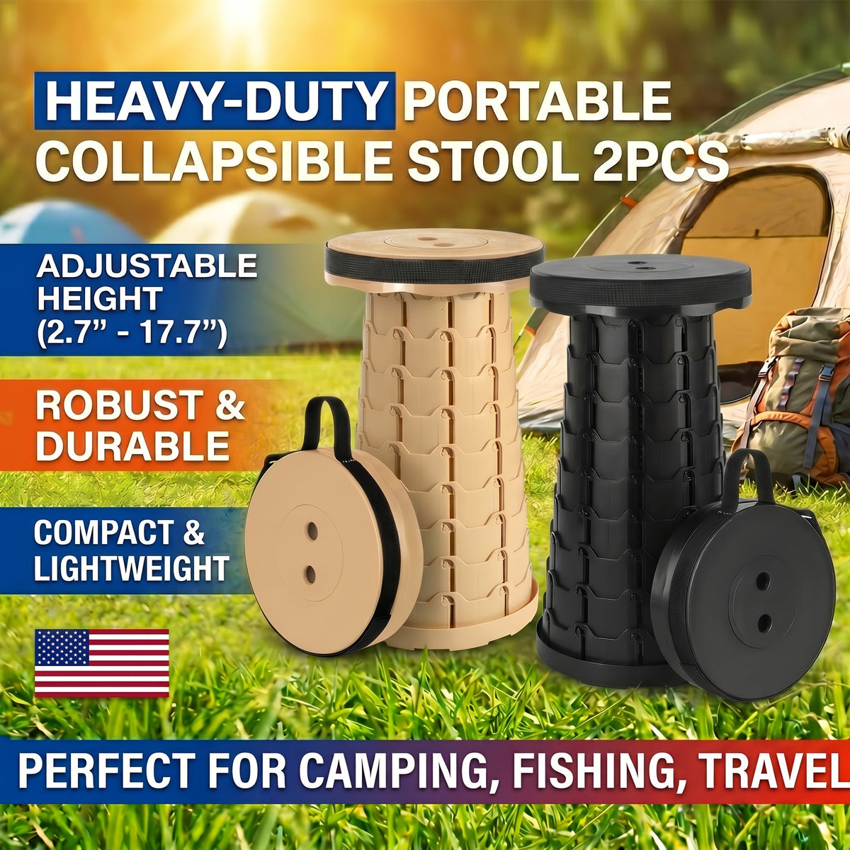 Collapsible Folding Stool 2-Pack, Portable Lightweight 400LB Capacity - Retractable Seat for Camping, Fishing, Hiking, Kitchen, BBQ, Indoor and Outdoor Use