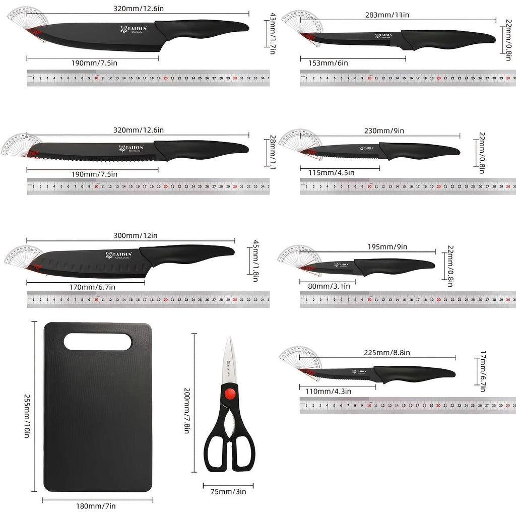 15-Piece Professional Black-Coded Kitchen Knife Set - Black Wooden Block, Non-Slip ABS Handles, Plastic Cutting Board & Kitchen Shears - Home & Restaurant Use - Thanksgiving, Christmas & New Year Gift