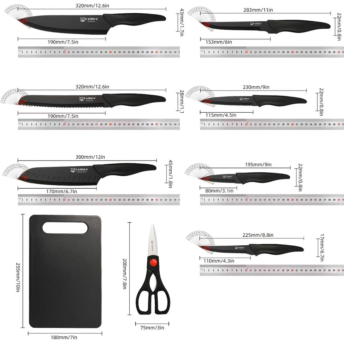 15-Piece Professional Black-Coded Kitchen Knife Set - Black Wooden Block, Non-Slip ABS Handles, Plastic Cutting Board & Kitchen Shears - Home & Restaurant Use - Thanksgiving, Christmas & New Year Gift