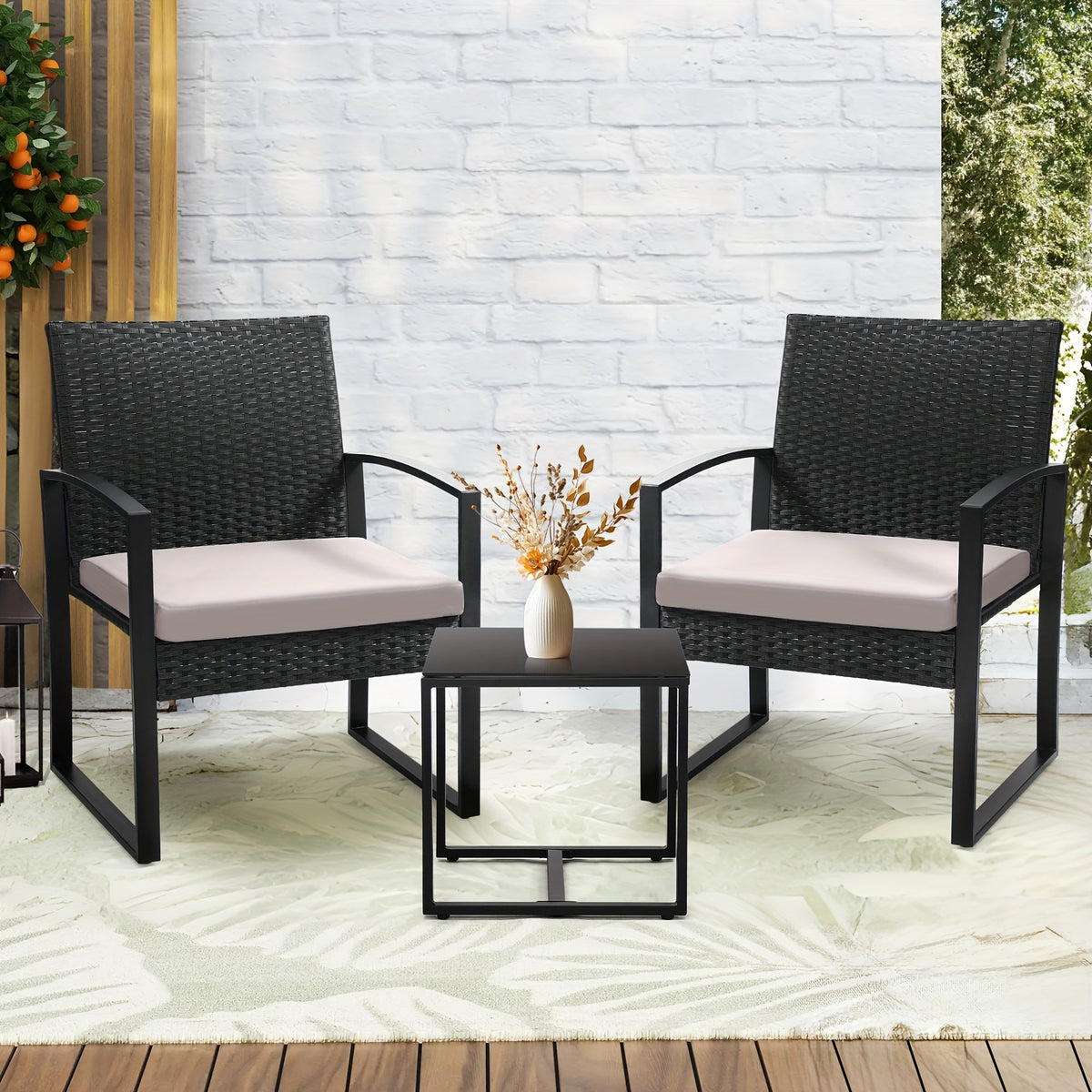 Rattan Bistro Set 3-Piece with Safety Glass Top Table & Plush Cushions – Outdoor Patio Conversation Set with 2 Chairs for Backyard, Balcony & Garden, Black Rattan Gray Black Beige Cushion – Nova Mart