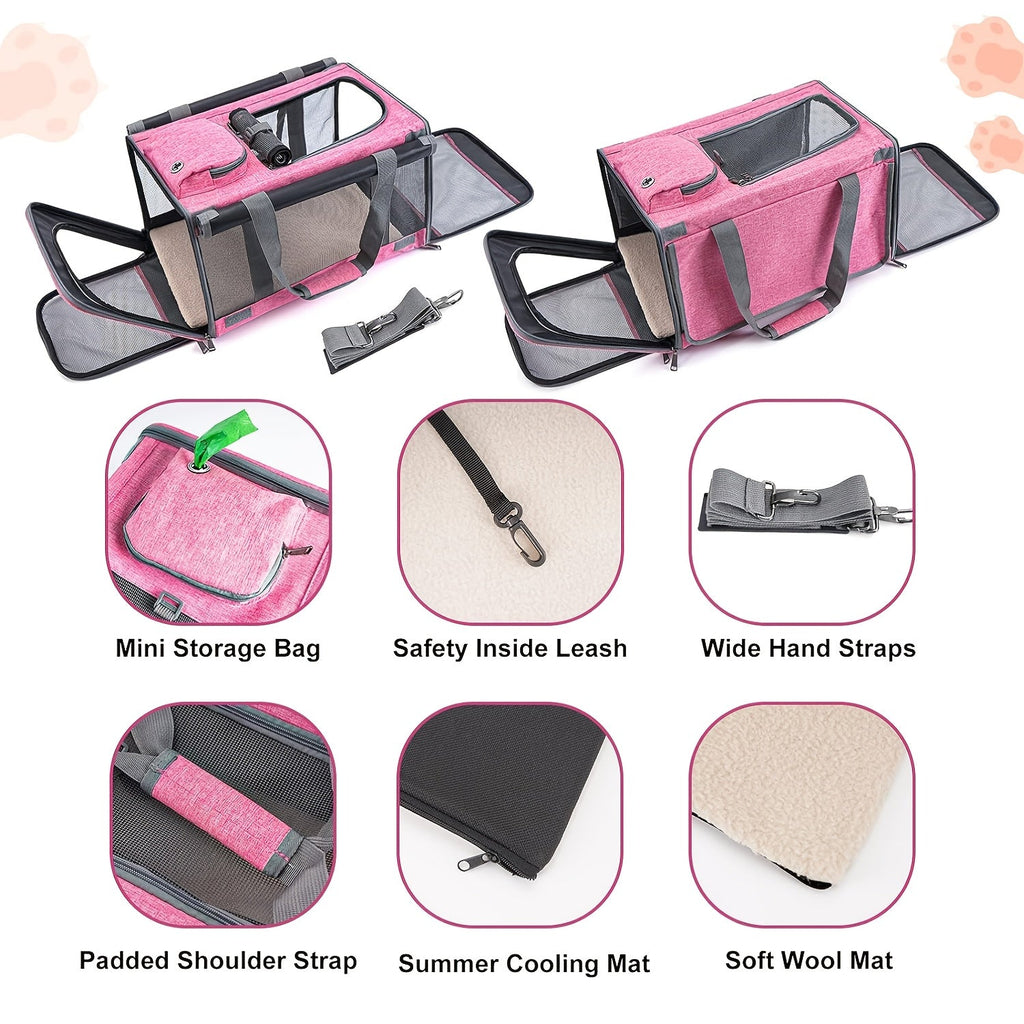 Airline Approved Soft-Sided Pet Carrier – Breathable Collapsible Travel Bag for Cats & Small Dogs with Accessory Bundle (Collar, Bowls, or Pet Glove), 10 Colors: Pink, Blue, Black, Gray, Navy, Green, Orange