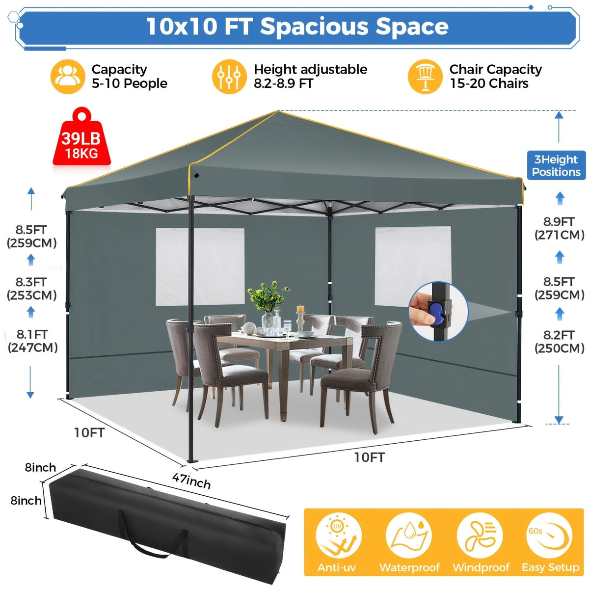 10x10 ft Pop-Up Canopy Tent with Mesh Window Sidewalls Portable Instant Gazebo with Carrying Bag for Parties Outdoor Events & Market Stalls – White, Black or Grey
