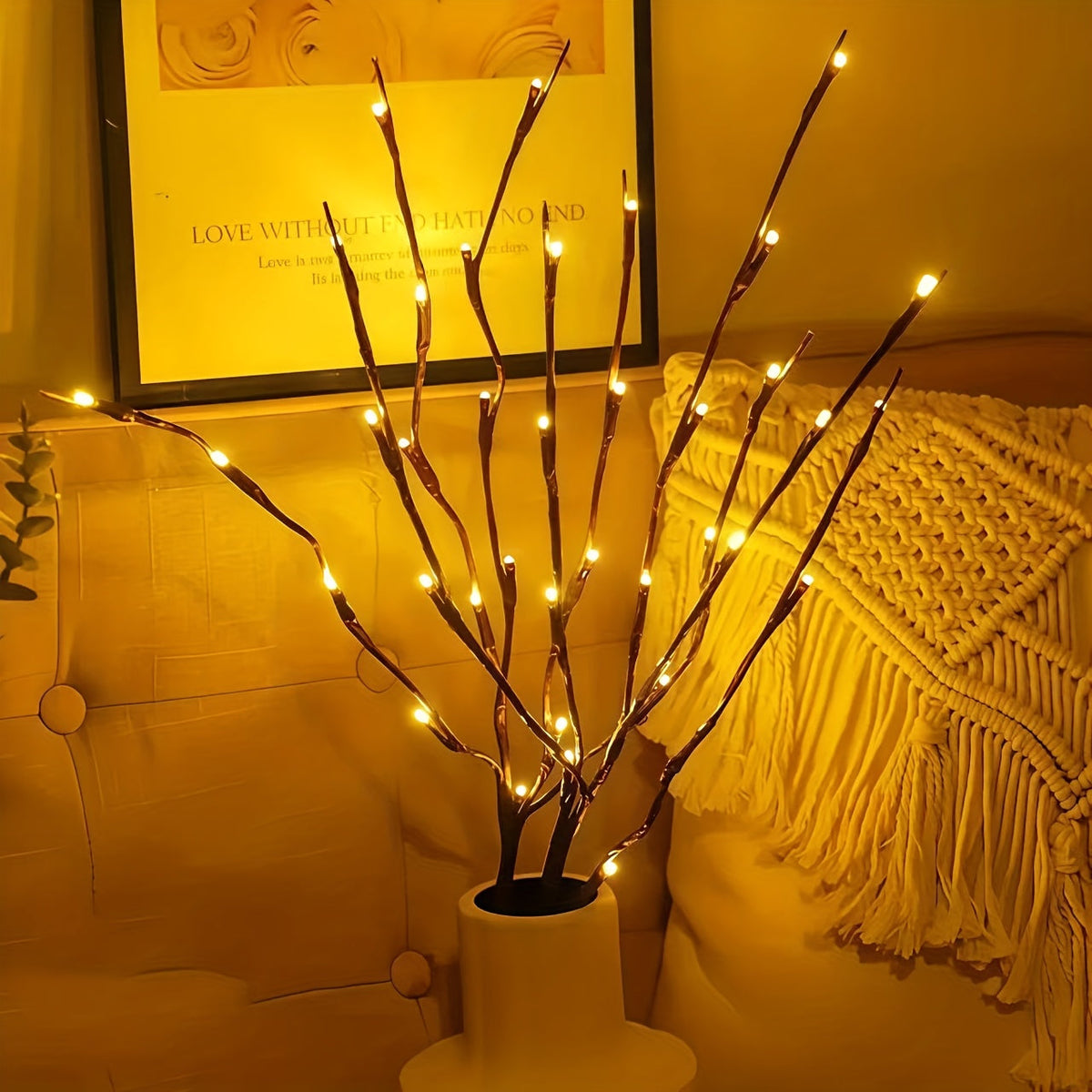 2-Piece Tree Branch LED Lights - Battery Powered, 20 LEDs Each - Vase Artificial Branch Decorative Lamp - Romantic Bedside & Home Decor - Warm Light
