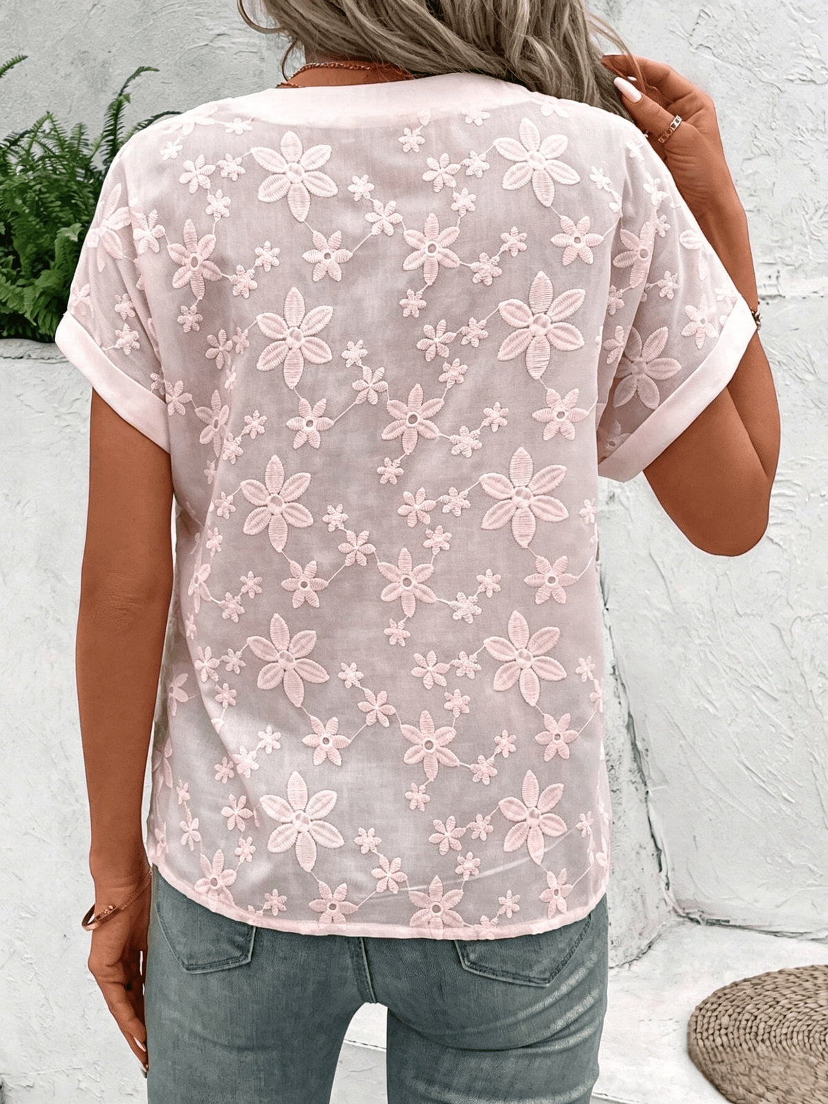 Floral Embroidered V-Neck Blouse Women's Loose Casual Summer Top White Batwing Short Sleeve Button Detail Lightweight Woven Shirt S-XXL