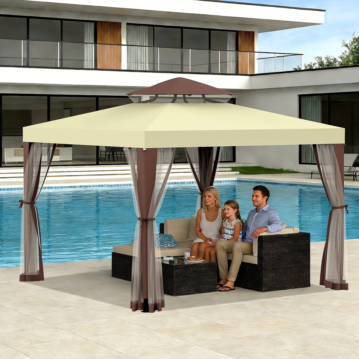 10x10 Ft Gazebo with Mosquito Netting & Mesh Sidewalls, 100 Sq Ft Shade, Sturdy Steel Frame, for Garden, Backyard, Terrace & BBQ Party