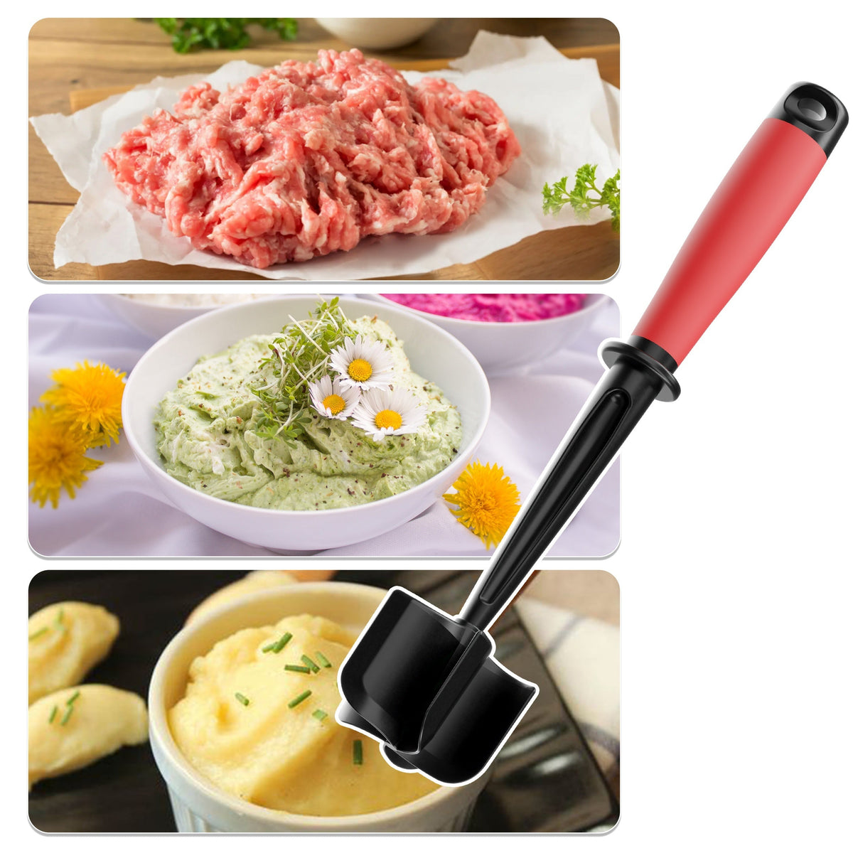 Meat Chopper with 5 Curved Blades - Heat Resistant Non-Stick Ground Beef Masher & Hamburger Smasher - Mix & Chop Kitchen Tool - Blue Black, Reddish Black & Black