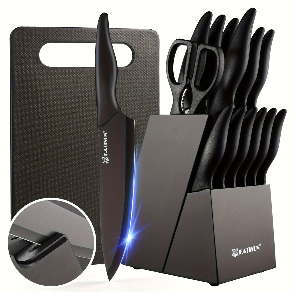 15-Piece Professional Black-Coded Kitchen Knife Set - Black Wooden Block, Non-Slip ABS Handles, Plastic Cutting Board & Kitchen Shears - Home & Restaurant Use - Thanksgiving, Christmas & New Year Gift