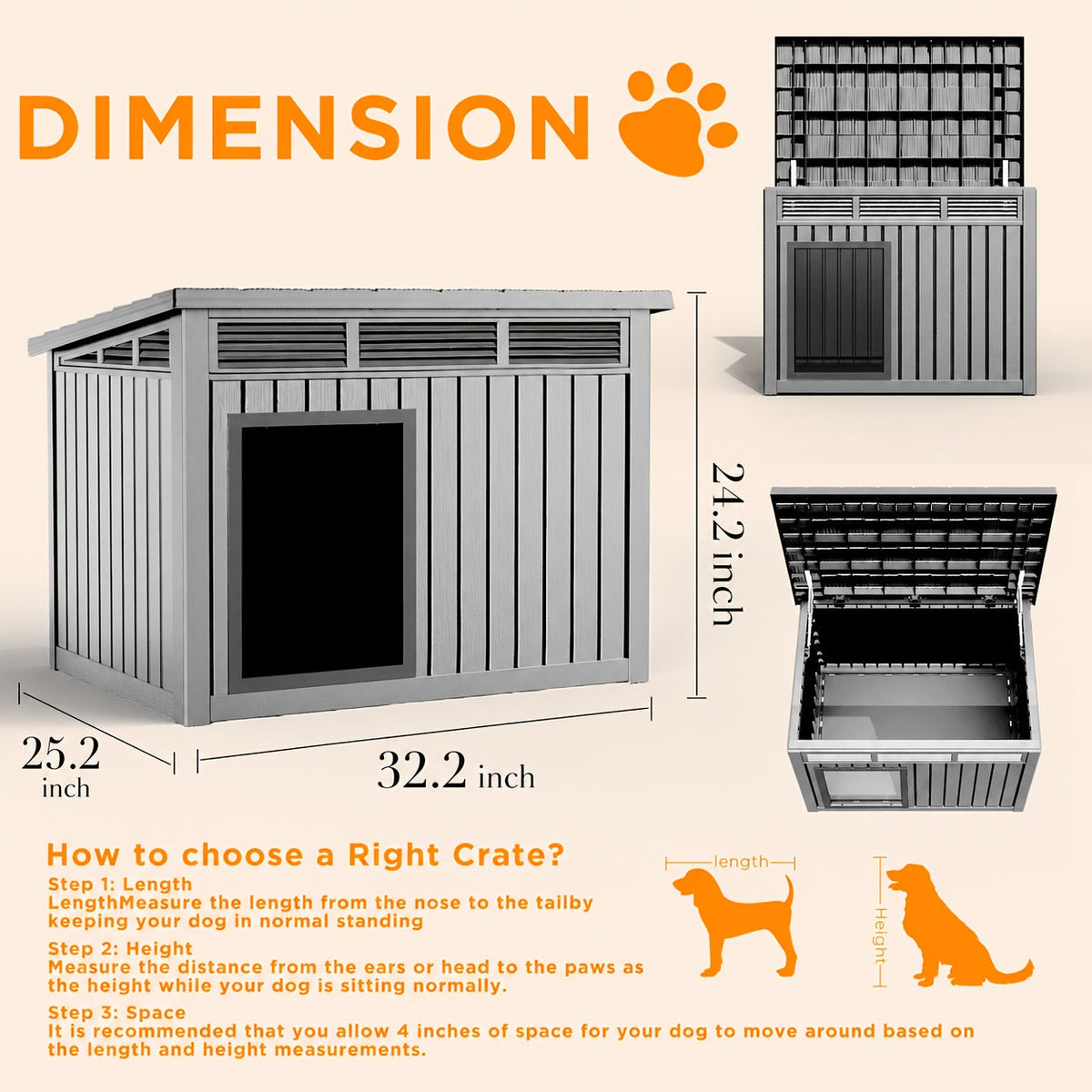 XXXL Outdoor Resin Dog House, Slant-Roof with Gas-Lift Ventilated Canopy, StormProof UV-Resistant All-Weather Shelter for Large Dogs & Multi-Pet Households, Indoor Outdoor Dog Villa, Quick Assembly