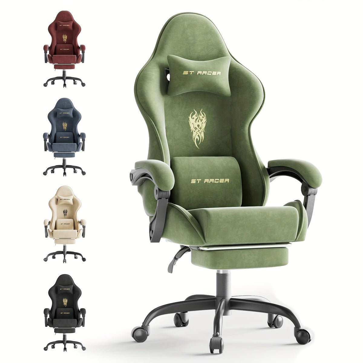 Velvet Fabric Gaming Chair with Footrest & Massage Lumbar Cushion – High Back Ergonomic Gamer Chair for Adults, Breathable Fire Embroidery Velvet, 5 Colors: Black Red Blue Gray Green Beige – Nova Mart