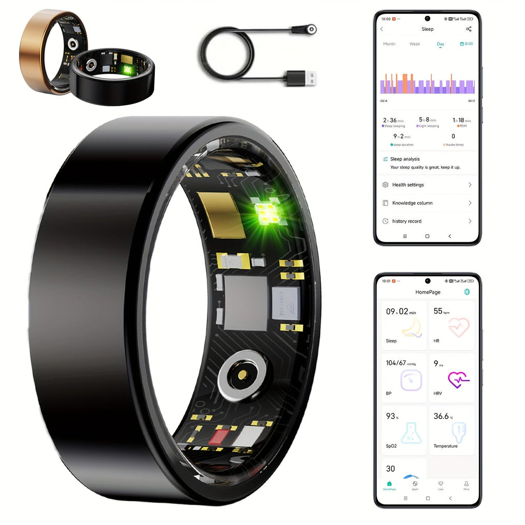 Smart Ring Sleep Tracker, Heart Rate Monitor, Fitness Wearable, Titanium Alloy Body, Bluetooth 5.3, Step Counter, Pedometer, Distance Tracking, Magnetic Charging, Compatible with iPhone & Android – Black, Rose Gold, Silver