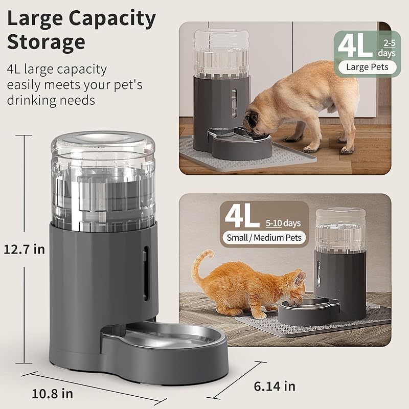 4L Gravity Cat Water Dispenser with Stainless Steel Bowl and Placemat - Automatic Large Capacity Pet Water Fountain for Cats and Small to Medium Dogs - Easy to Clean, BPA-Free, Safe Pet Hydration Station