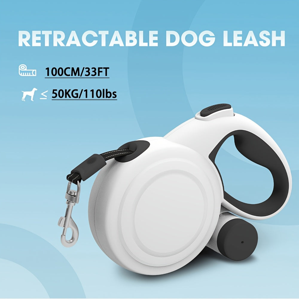 Retractable Dog Leash 33ft with Reflective Strips and Poop Bag Holder - 360° Tangle-Free One-Button Control Heavy-Duty Nylon Long Leash for Medium and Large Dogs, Dog Walking Leash with Safety Lock